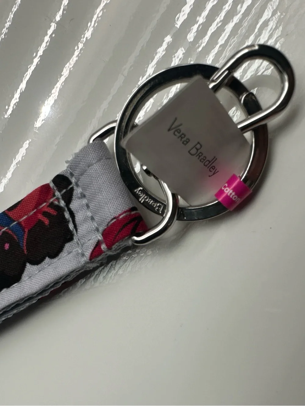 Vera Bradley White Floral Wrist Lanyard with Red, Blue & Purple Flowers